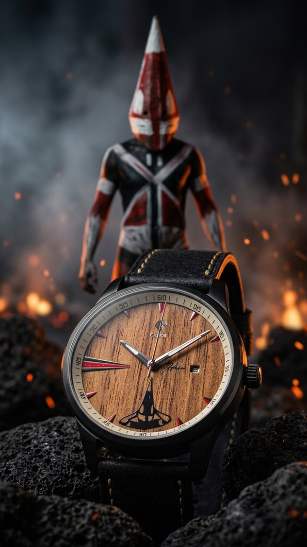 reloj de madera chileno Hain 2.0 con espíritu Selknam de la ceremonia Hain